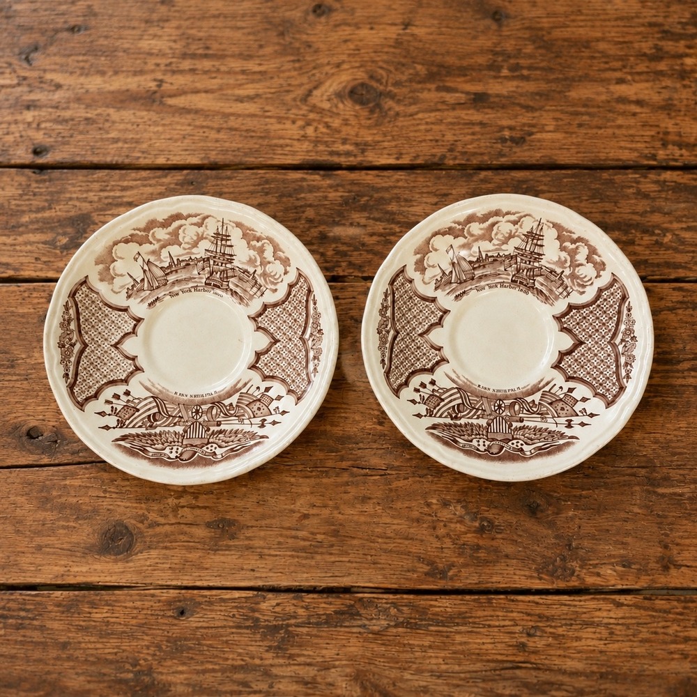 Alfred Meakin Fair Winds New York Harbor 1830 Saucers Set of 2 Brown Transfer